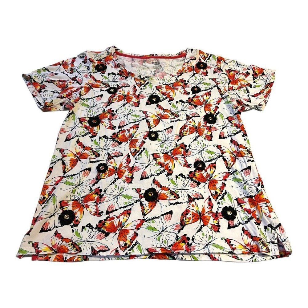 Rafaella Women Size L Red White Butterfly Spring Floral Top Floral Shirt Blouse